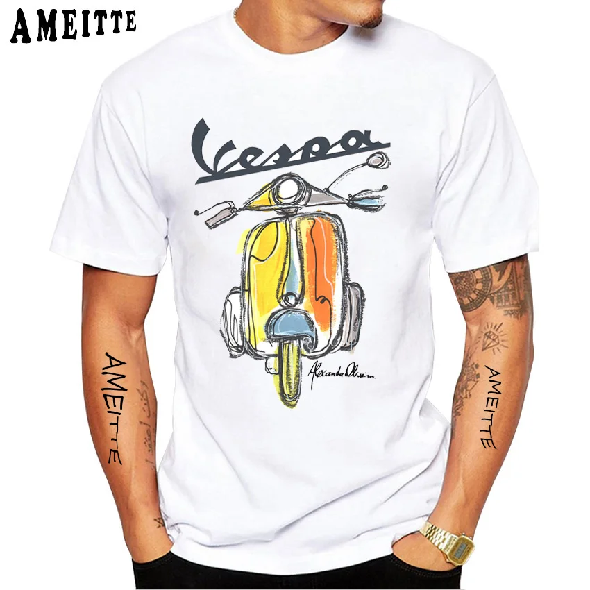 New Summer Fashion Men's Short Sleeve Retro Classic Vespa Scooter Print T-Shirt Hip Hop Boy Casual White Tops Hipster Man Tees | Мужская