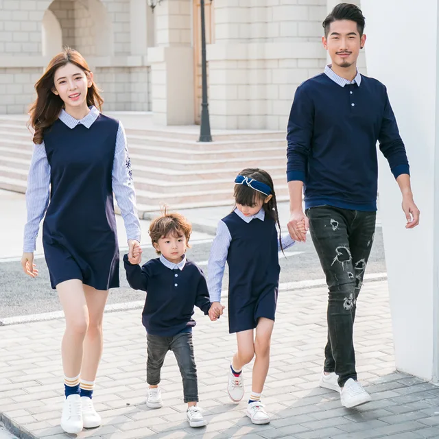 2019 Spring Autumn Family Matching Outfits Mom And Daughter Fake Two-piece Dress Dad Son Sweaters Children Long Shirts