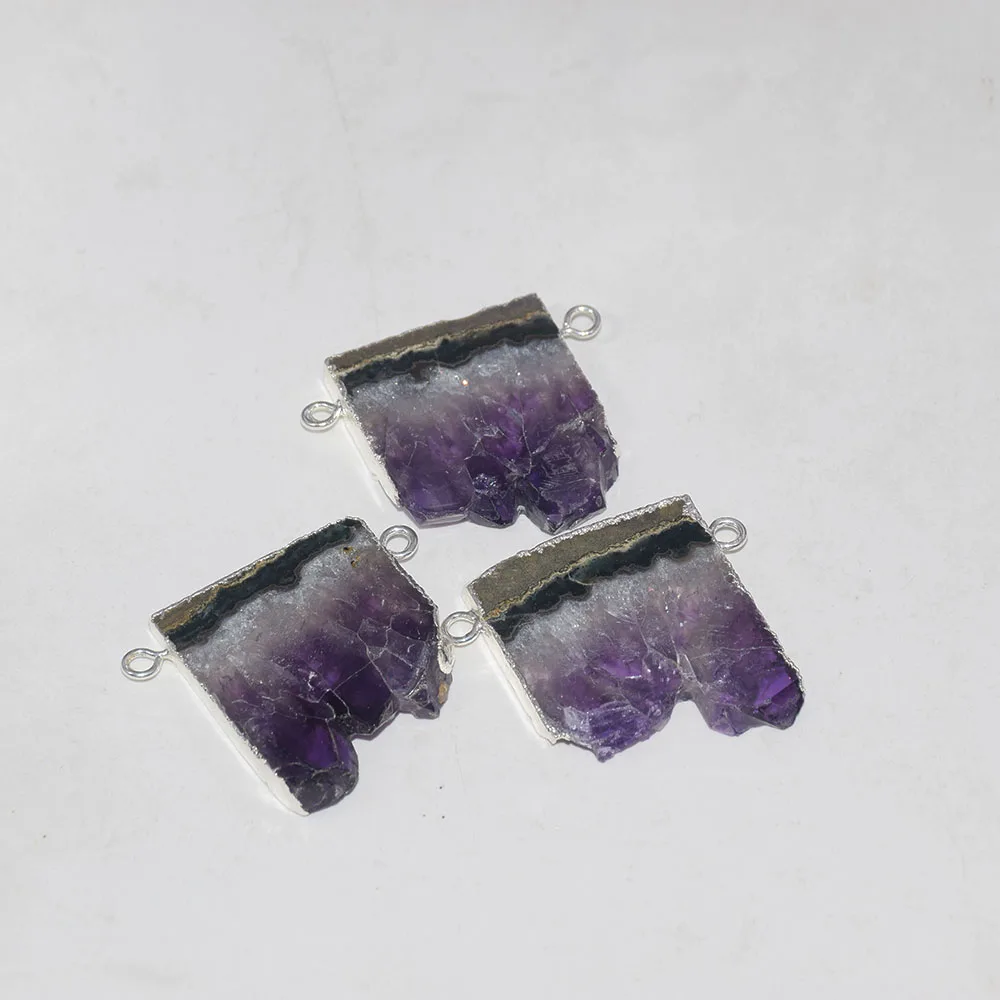Натуральный срез Geode Druzy Кулон для ожерелья 2 петли необработанный фиолетовый кристалл Кварцевый прямоугольник кластер кулон аметисты женский