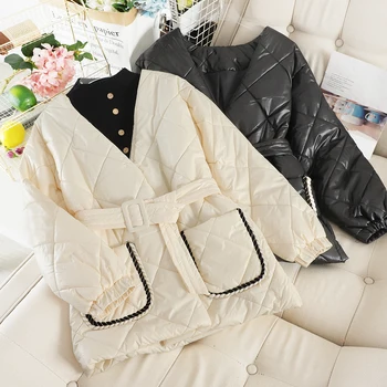 

Autumn winter new Elegant V-Neck Argyle Sashes Parkas Women Casual Office Lady Wear Long Sleeve Coat korean Slim Belt Jacket 901