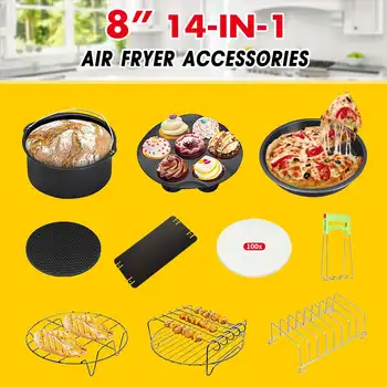 

14Pcs Air Fryer Accessories 8 Inch Frying Pan Fryer Baking Bakeware Set Basket Pizza Plate Grill Pot Cooking Tools for 4.2-6.8QT