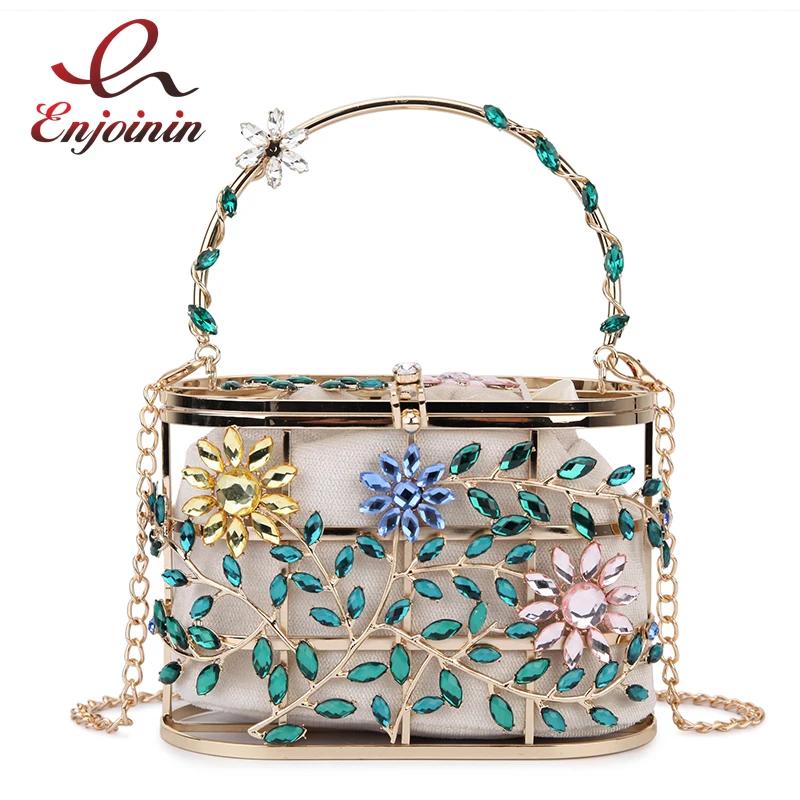 Bolso de noche de fiesta de diamantes mujer, bolso de diseñador elegante, monederos de flores y hojas de colores, jaula metálica, bolso de boda de lujo|Bolsos de hombro| - AliExpress