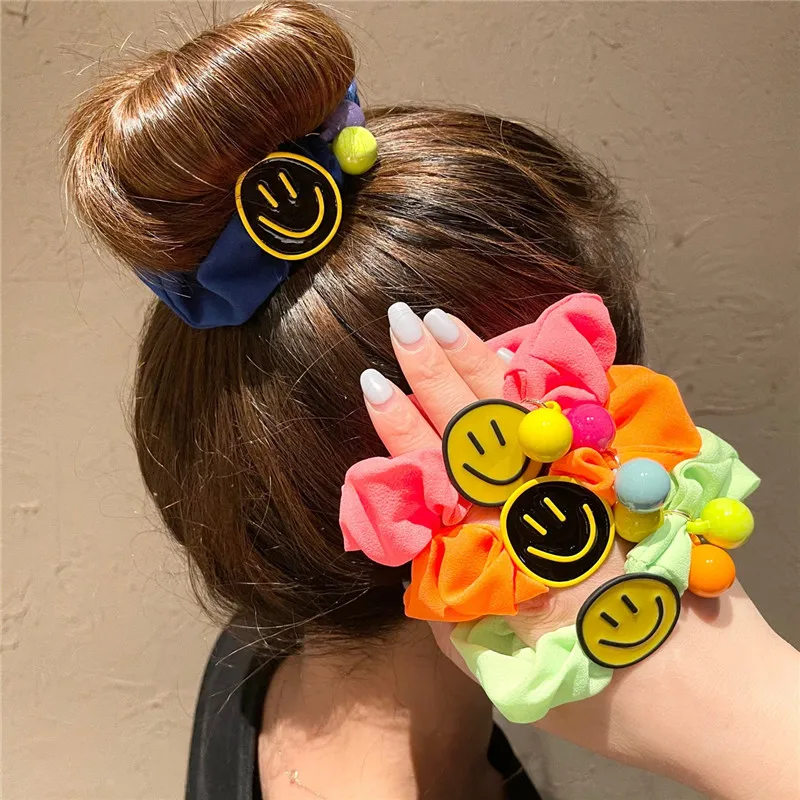 Women Girl Scrunchies Elastic Hair Ties Bands Smile Face Yellow Summer Fashion Korean Mujer Head Accessories Hyuna Wholesale