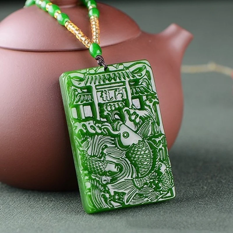 

Natural Green Hand-carved Carp Jade Pendant Fashion Boutique Jewelry Men's and Women's Fish Leaping Dragon Gate Necklace Gift