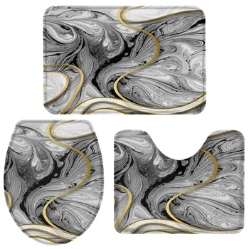 

Grey Marble Texture Abstract Bath Set Toilet Cover Mat Pedestal Rug Non-Slip Bathroom Rug Set