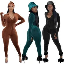

2022 New In-Stock Jumpsuit Wholesale Fall Womens Jumpsuits Velvet Sexy V-Neck Solid Color Playsuit Rompers Long Sleeve