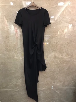 

2020 Spring and Summer New Women's round Neck Irregular Cut Twist Decoration Solid Color Short Sleeve Midi Top 709