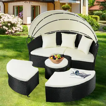 

Costway Daybed Patio Sofa Furniture Round Retractable Canopy Wicker Rattan Outdoor