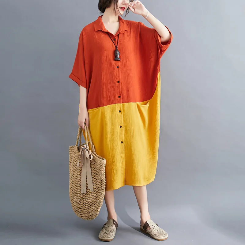 

Johnature 2023 Summer Korean Loose Letter Print Bawing Dresses Women New Casual Patchwork Hit Color Pockets Half Sleeve Dress