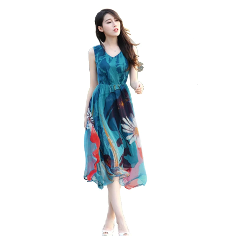 

Women Long A -line Dress 2019 Summer Mouwloos vest Dress Flower Print Casual Women Chiffon Dresses Boho Beach Vestidos Blue
