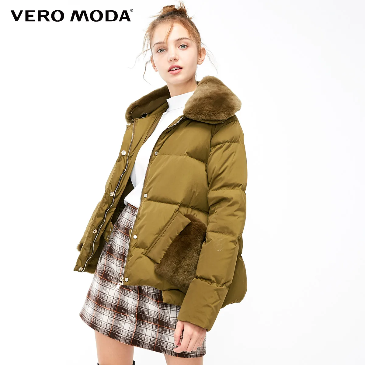 

Vero Moda Women's Detachable Rabbit Fur Collar White Duck Down Short Down Jacket Parka Coat | 318423522