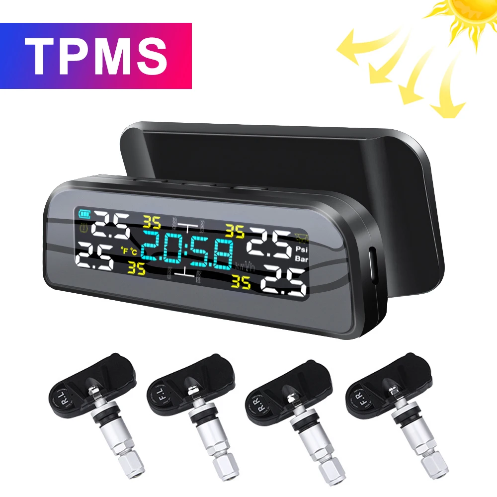 

Car TPMS Tire Pressure Alarm Monitor System 4 External Internal Sensors Temperature Warning Fuel Display Attached wireless Solar