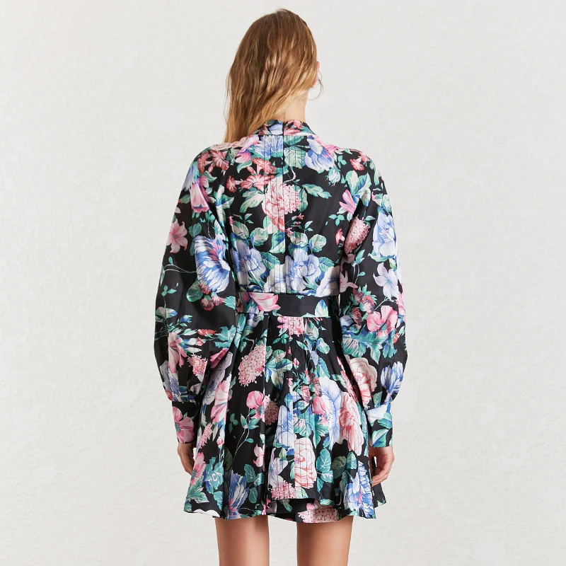 TWOTWINSTYLE Print Dress For Women Stand Collar Lantern Sleeve High Waist Bandages Mini Dresses Female Fashion Summer