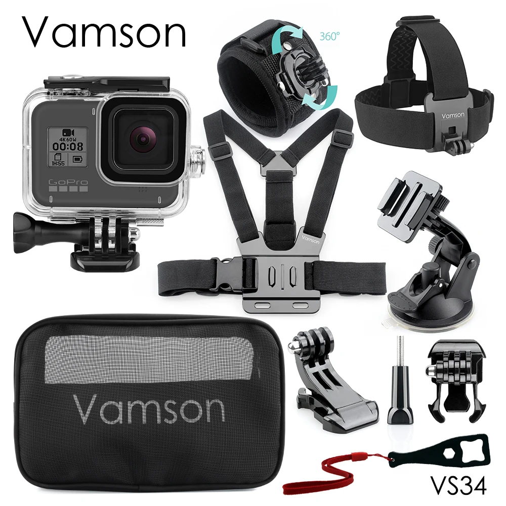 Vamson для Go Pro 8 черный Водонепроницаемый чехол для GoPro аксессуары головной ремень для GoPro Hero 8 Черная Спортивная камера VS34