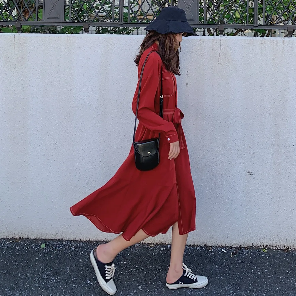 

France Non-mainstream Fishtail Skirt Women's 2019 Autumn New Style Retro CHIC-Style Open Wire Waist Hugging Lace-up Shirt Dress