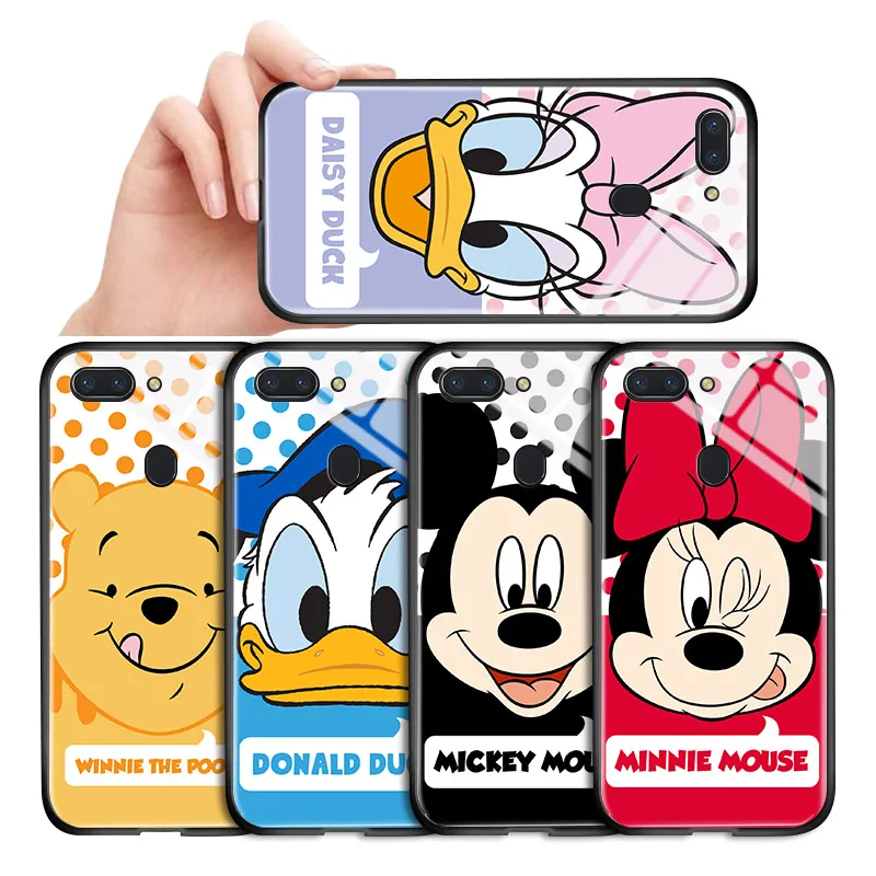 

For OPPO Realme 1 2 3 5 Pro X XT X2 C2 U1 K3 X2 Pro Cute Cartoon Mickey Minnie Pattern Glossy Case Tempered Glass Cover Casing