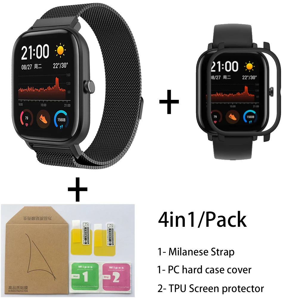 Black-Black 4в1 для Xiaomi Huami Amazfit GTS Ремешок Браслет из Миланского нержавеющей стали Smartwatch Браслет amazfit gts защитный чехол для экрана - Цвет: Black-Black