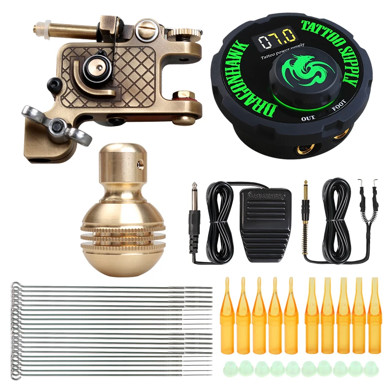 

Dragonhawk Tattoo Kit Brass Frame Rotary Machine Power Supply Copper GP Grip