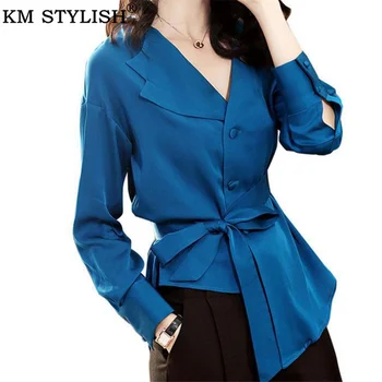 

Women's Shirts Imitation Silk Office Lady Satin Blouse 2019 New Long Sleeve Temperament Neck Bow Blue Top Chiffon Shirt