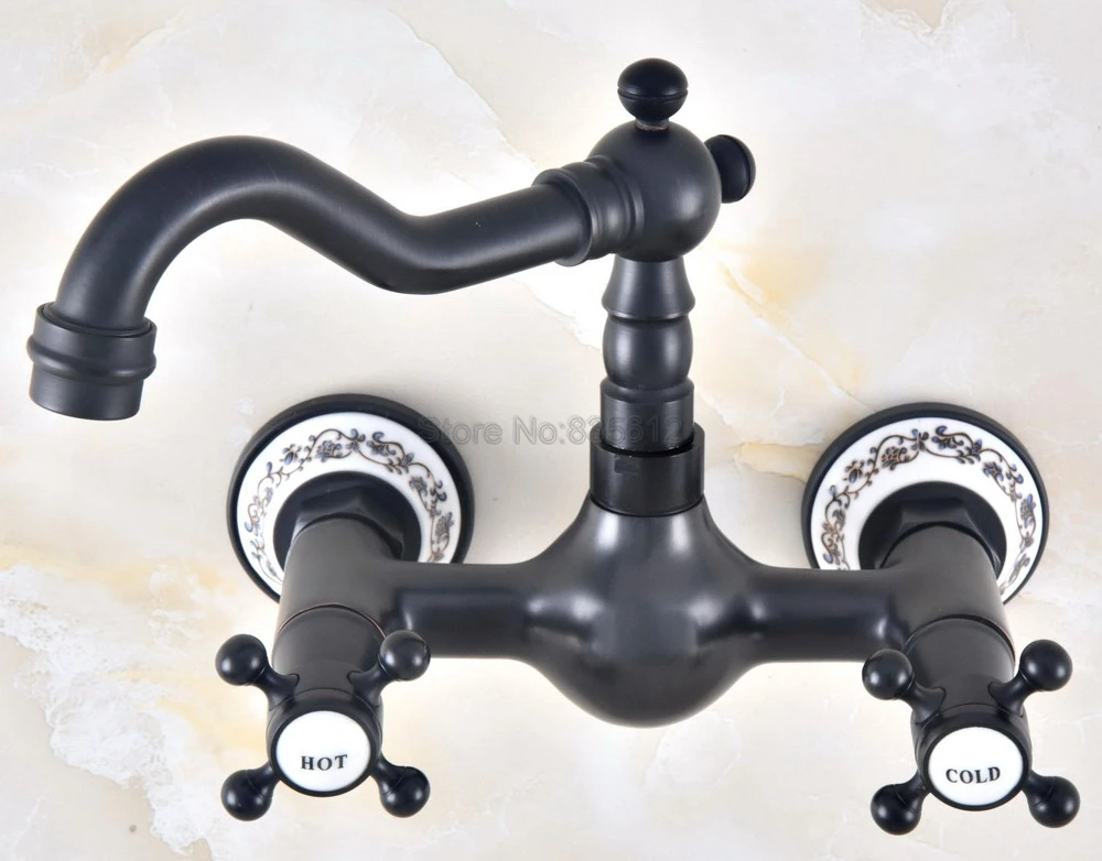 

Black Oil Rubbed Bronze Bathroom Kitchen Sink Faucet Mixer Tap Swivel Spout Wall Mounted Dual Cross Handles tnf473
