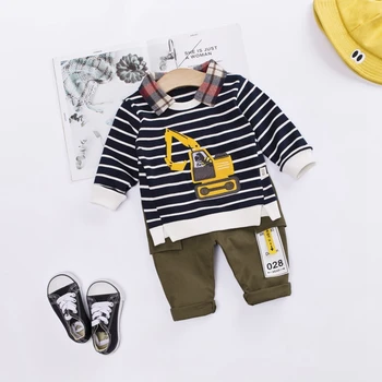 

Autumn Baby Boys Clothing Sets Cartoon Striped Lapel Collar Hoodies Sweatshirt + Casual Trousers Cotton Children Kids 2Pcs Suits