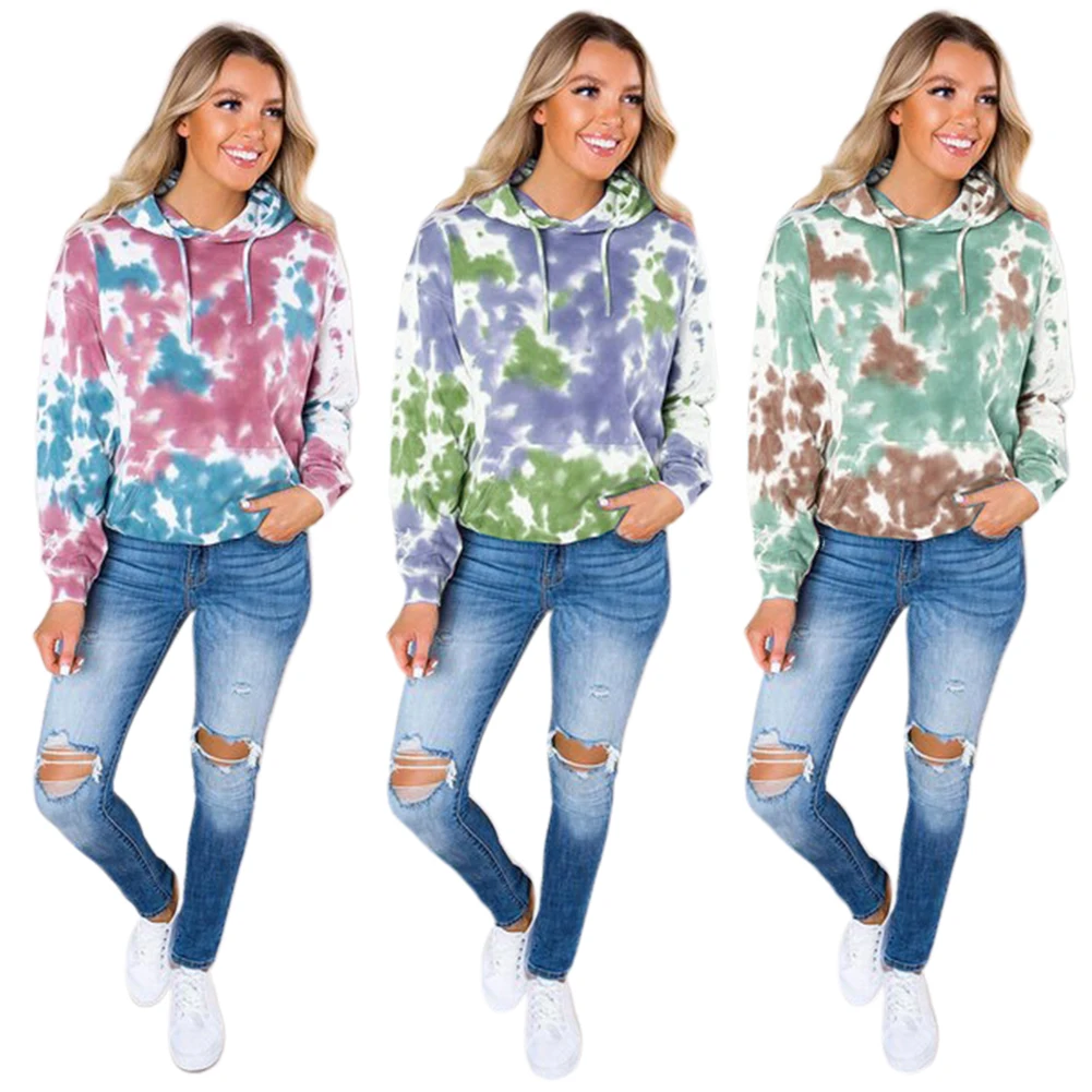 Осенние Топы с принтом «Tie-dye»; зимняя женская толстовка с капюшоном; Повседневная теплая уличная верхняя одежда для покупок; модная свободная одежда с длинными рукавами на шнурке