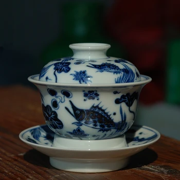 

Hand-painted Blue and White Yuan Dynasty Style Fish and Algae Pattern Big Cover Bowl Ceramic Tureen