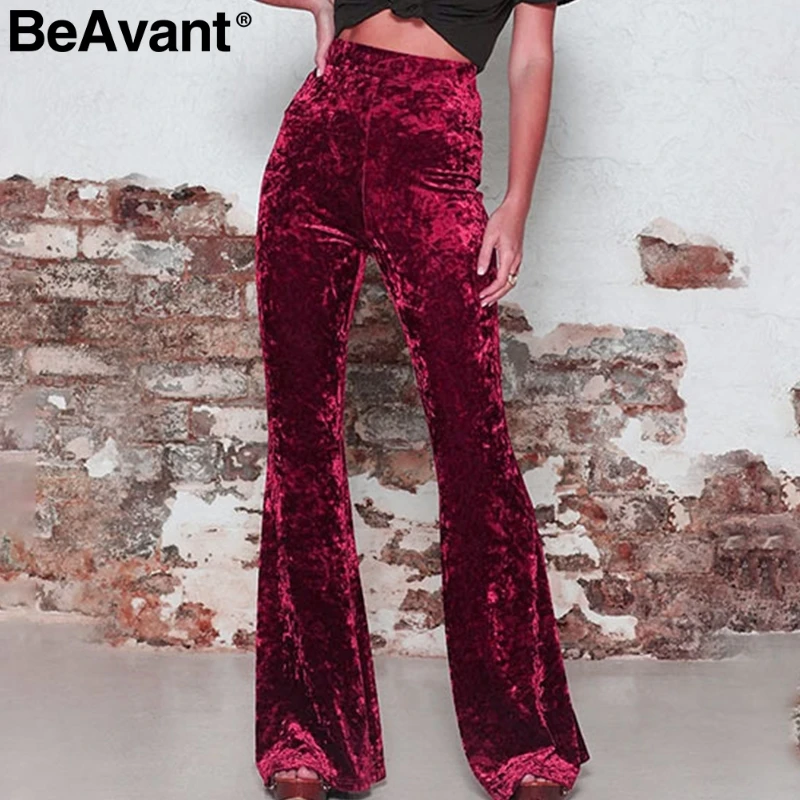 

BeAvant Vintage velvet high waist women flare pants autumn winter female fashion trousers Party club slim ladies wide leg pants