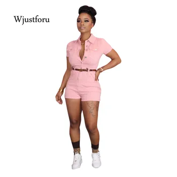 

Wjustforu Solid Color Short Sleeve Denim Jumpsuit For Women Casual Button Bodycon Romper Sexy V-Neck Party Club Overalls Female