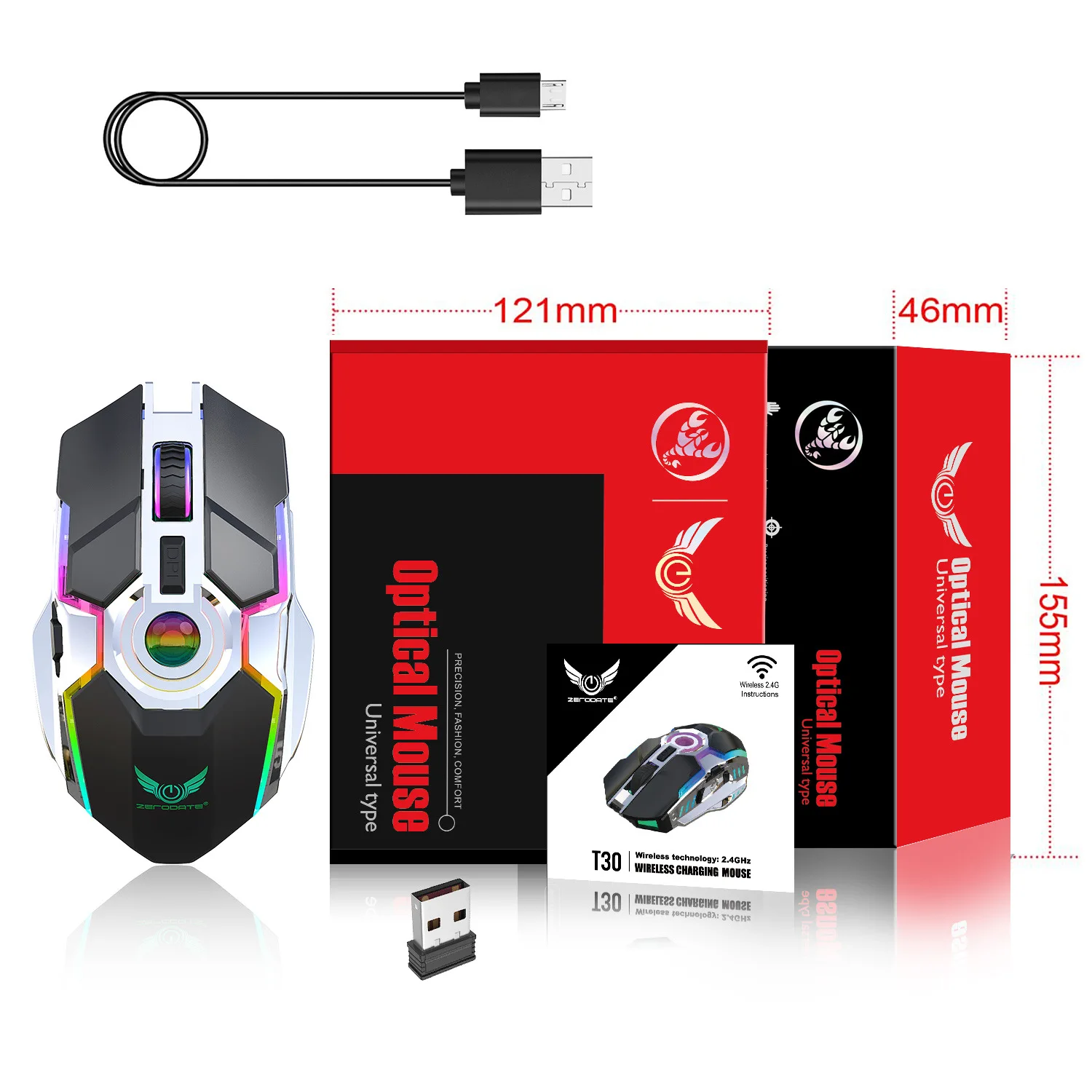 Беспроводная игровая мышь 2 4 ГГц USB 2400DPI перезаряжаемая 6 цветов с подсветкой