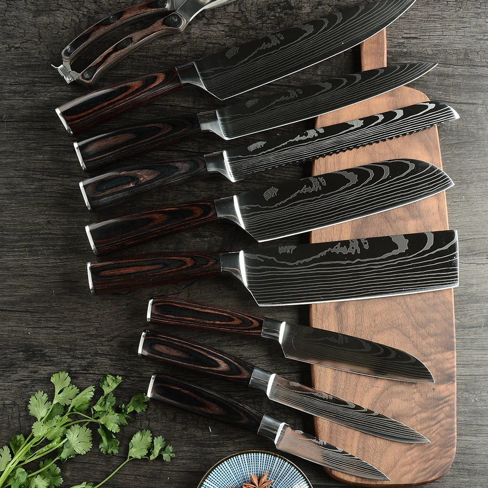 XYj Новое поступление кухонные ножи из нержавеющей стали инструмент для приготовления фруктов Santoku нож шеф-повара Дамасские вены кухонные ножи