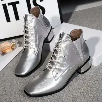 

Boots Women Ladies Shoes Chaussures Femme Autumn Botas Mujer Lace-Up Ankle Boots Square Toe Female Shoes Med Heels