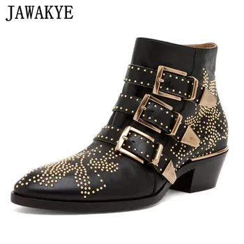 

Susanna Studded Real Leather Ankle Boots Women Round Toe Rivet Flower Martin Boots Women Luxury Velvet Boots Zapatos Mujer