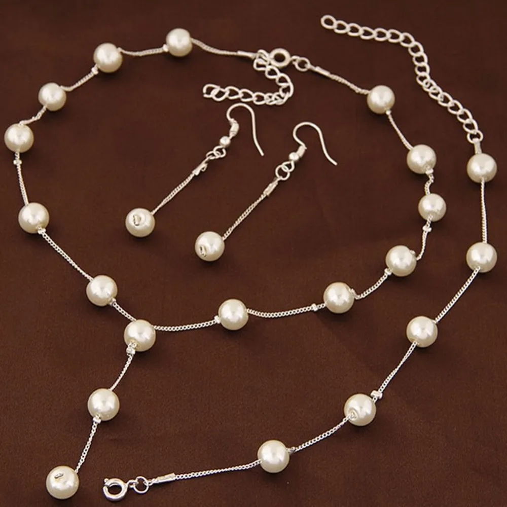 Fashion Women Delicate Classy Jewelry Faux Pearl Necklace Earring Bracelet Jewelry Set