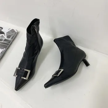 

Elegant Ankle Boots Pointed Toe Stretch Boots Back Zipper Rhinestone Metal Design Short Boots Fashion Autumn Boots Woman