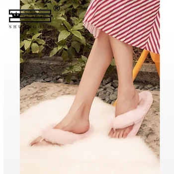 

Spring and summer women's slippers flat bottom bow clip foot herringbone versatile fairy plush slippers