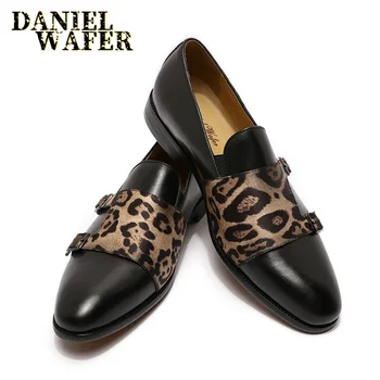 

Italian Stylish Men Loafers Brown Black Shoes Leather Men Double Monk Strap Pointed Toe Men Casual Dress Shoes Wedding Print