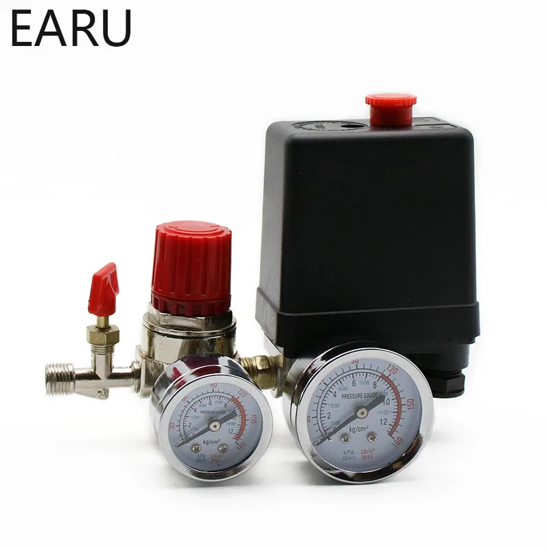 

240V AC Regulator Heavy Duty Air Compressor Pump Pressure Control Switch 4 Port Air Pump Control Valve 7.25-125 PSI With Gauge