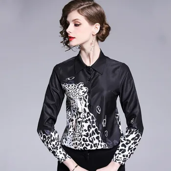 

Leopard shirts women 2020 spring new Office Lady Turn-down Collar women blouses long sleeve shirts black printing clothing top