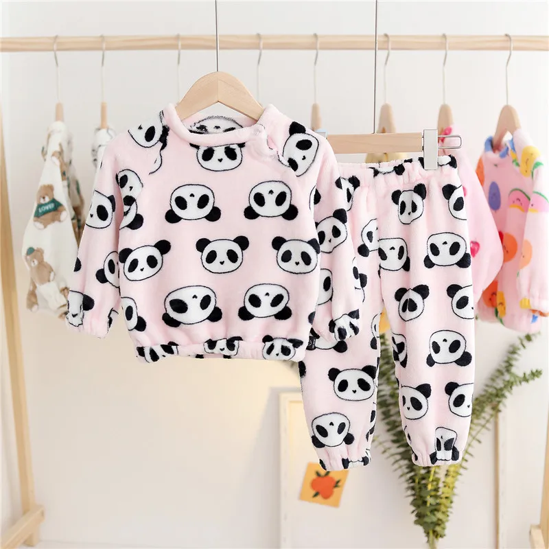 Pizama/Зимний фланелевый пижамный комплект для детей от 6 месяцев до 7 лет, теплая флисовая детская одежда для сна с рисунком панды для маленьких мальчиков и девочек - Цвет: Pink Panda