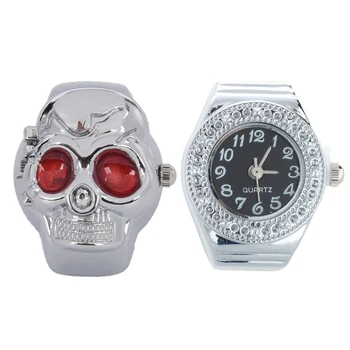 

2 Pcs Crystal Ring Clock Quartz Ring Alloy Unisex Watch Black & Red