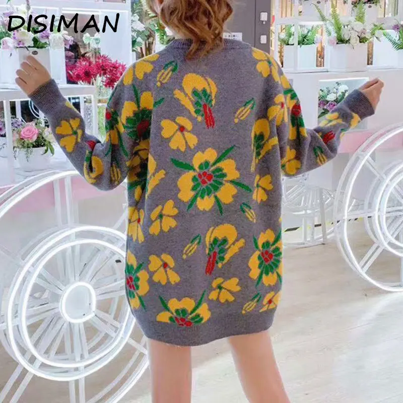 

DISIMAN autumn winter plus size yellow long sweater woman clothes korean high quality loose knit sweater flowers pullover women
