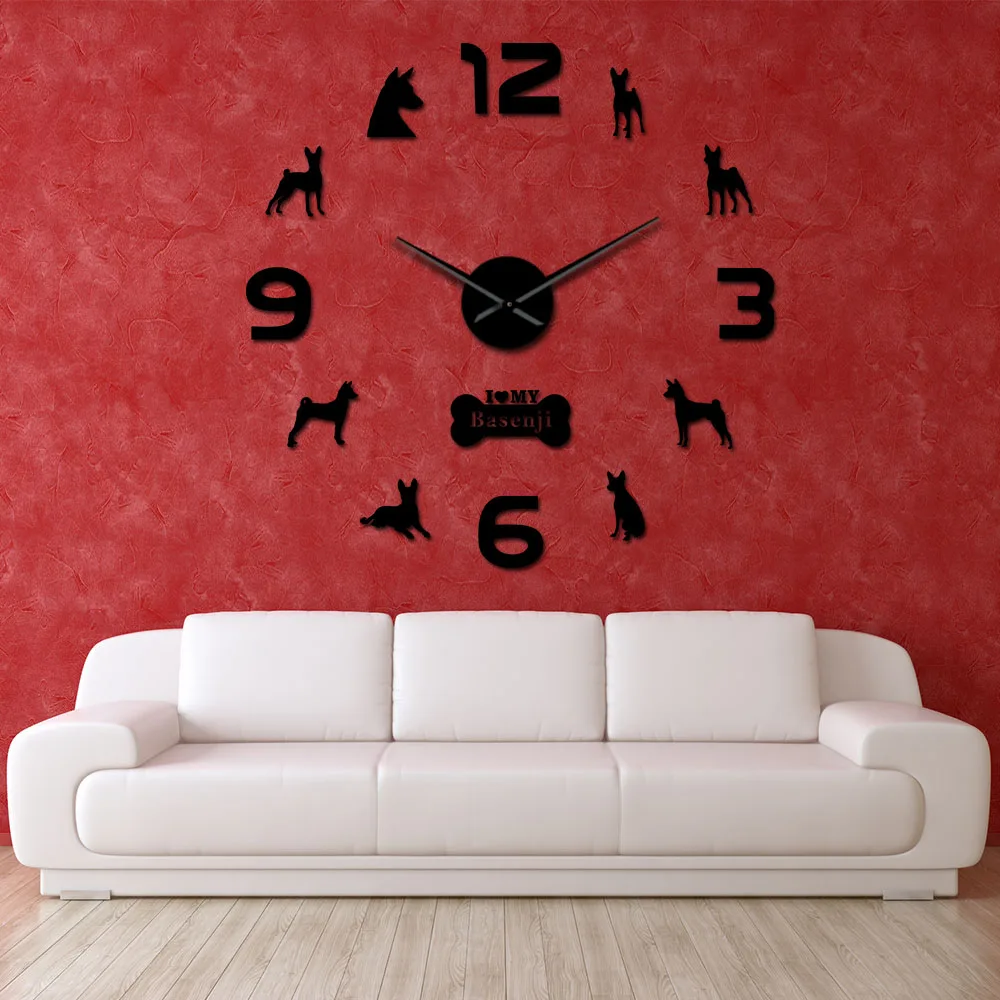 Basenji African Bush Dog Large DIY Wall Clock Barkless Doggie Ango Angari Congo Zande Puppy Pet Wall Stickers Watch Living Room
