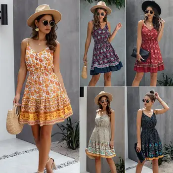 

Summer Women New Vintage Floral Cotton Sexy Strap Backless Mini Dress V-neck Button Lace Up Hight Waist Bobo Beach Dress Vestido