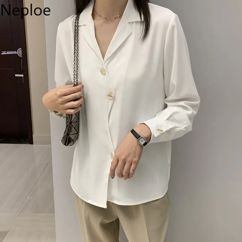 Neploe, однобортные женские рубашки, весна, Новое поступление, свободные блузы с v-образным вырезом и длинным рукавом, одноцветные повседневные женские топы 80347