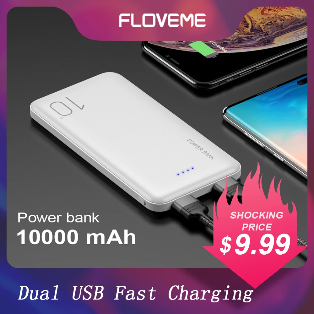 FLOVEME, портативный аккумулятор, 10000 мА/ч, внешний аккумулятор, светильник, внешний аккумулятор, двойной USB, быстрая зарядка, ультра тонкий внешний аккумулятор Для iphone x xs xr 11 Для Xiaomi mi 8 Мобильная сила