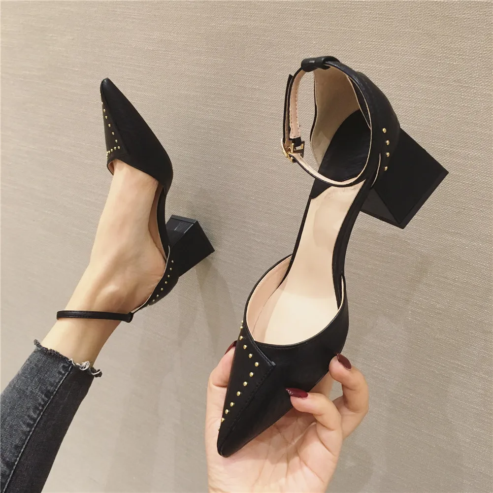 

Sarairis 2020 New Fashion Pointed Toe Summer Shoes Woman Sandals Female Buckle Strap Chunky Heels Concise Sandals Women Shoes