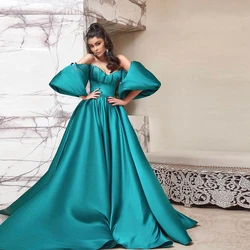 Green Off The Shoulder Satin Evening Gowns Long A-line Draped Floor Length Party Dress For Women 2022 Strapless Lady Gowns