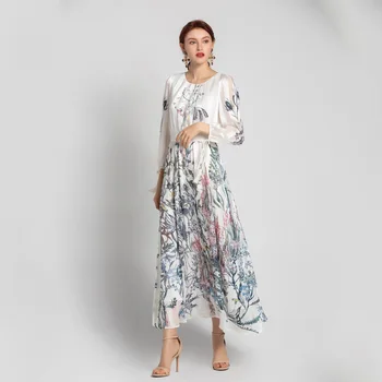 

2020 Runway Fashion Women Spring Summer Flower Print Boho Long Sleeve Maxi Dress Holiday Party Beach Dress Vestidos