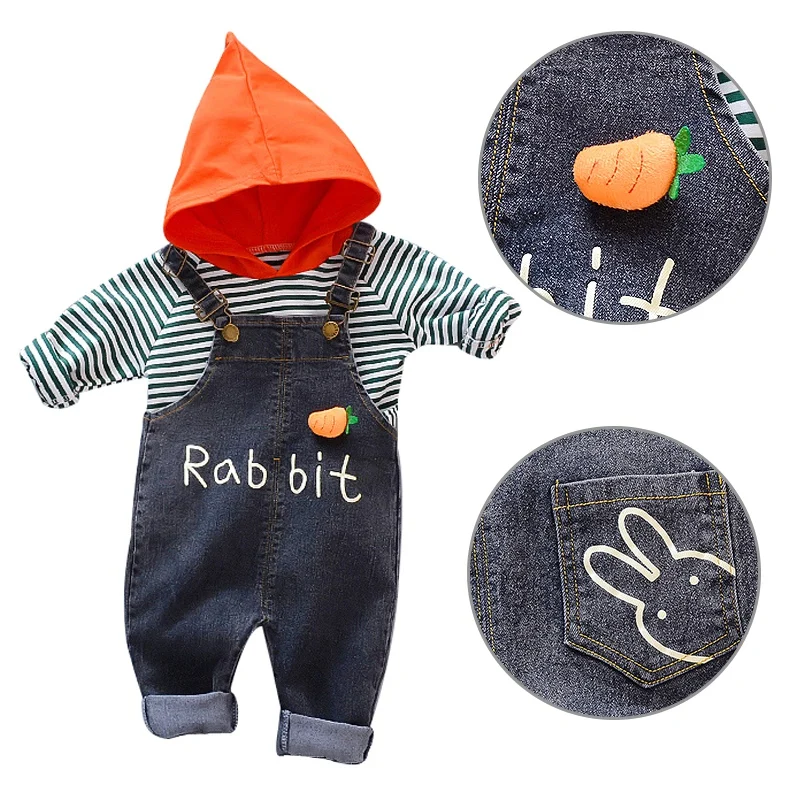  2pcs/set Baby Boys Girls Clothes Autumn Kids Long Sleeve Striped Hoodie Sweatshirt+Strap Jeans Casu